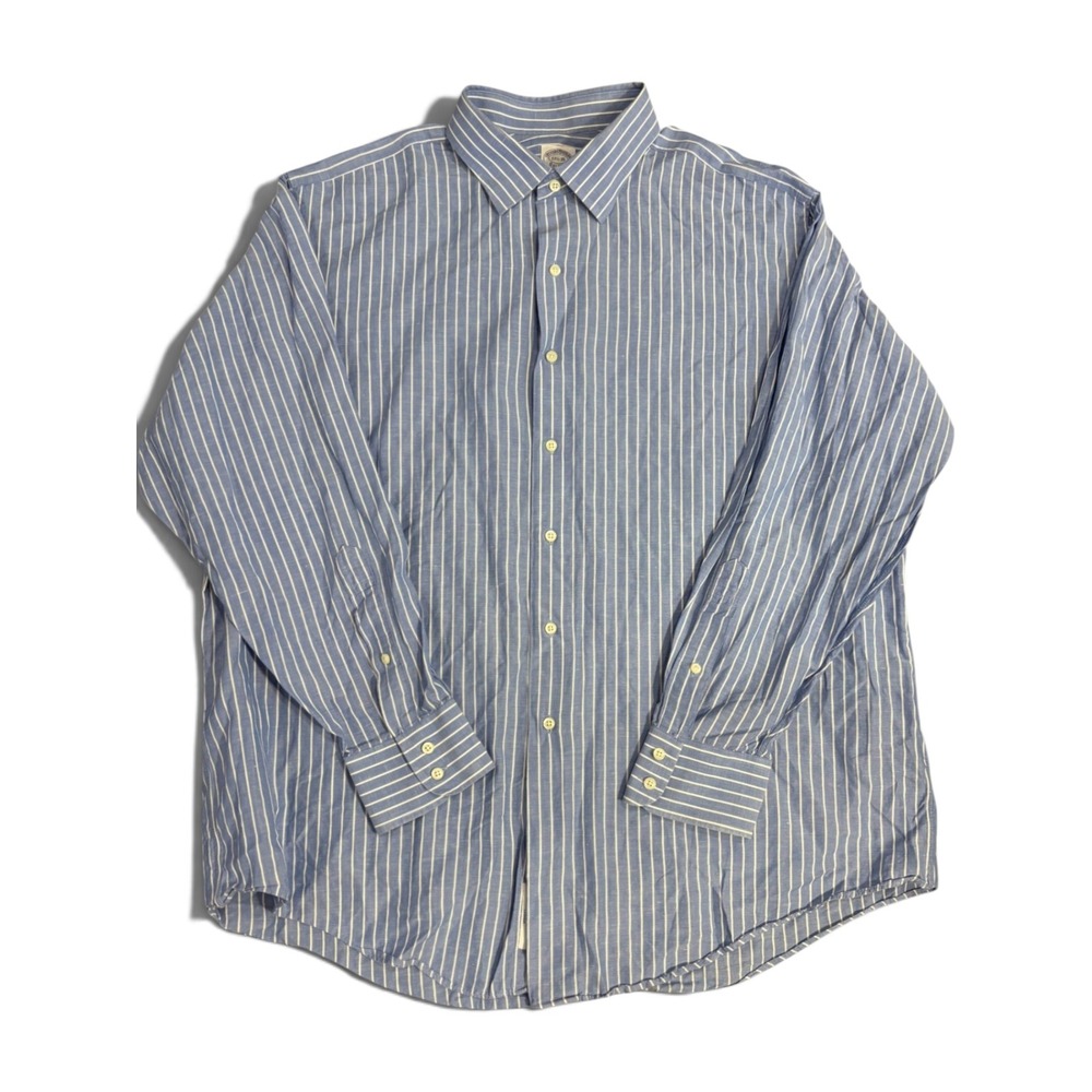 Brooks Brothers Mens Blue White Striped Cotton Linen Shirt Made in USA 17.5 35
